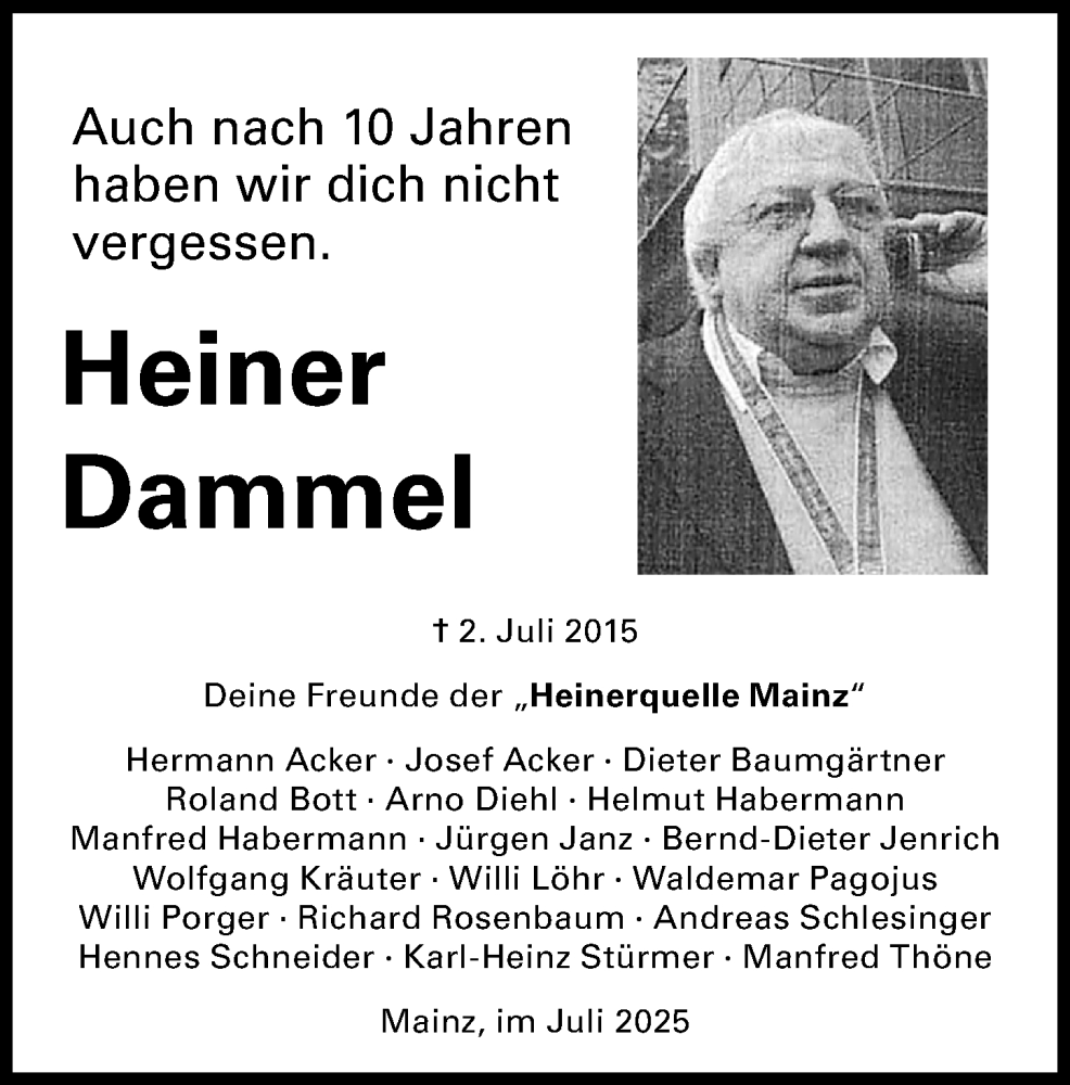  Traueranzeige für Heiner Dammel vom 02.07.2025 aus Allgemeine Zeitung Mainz