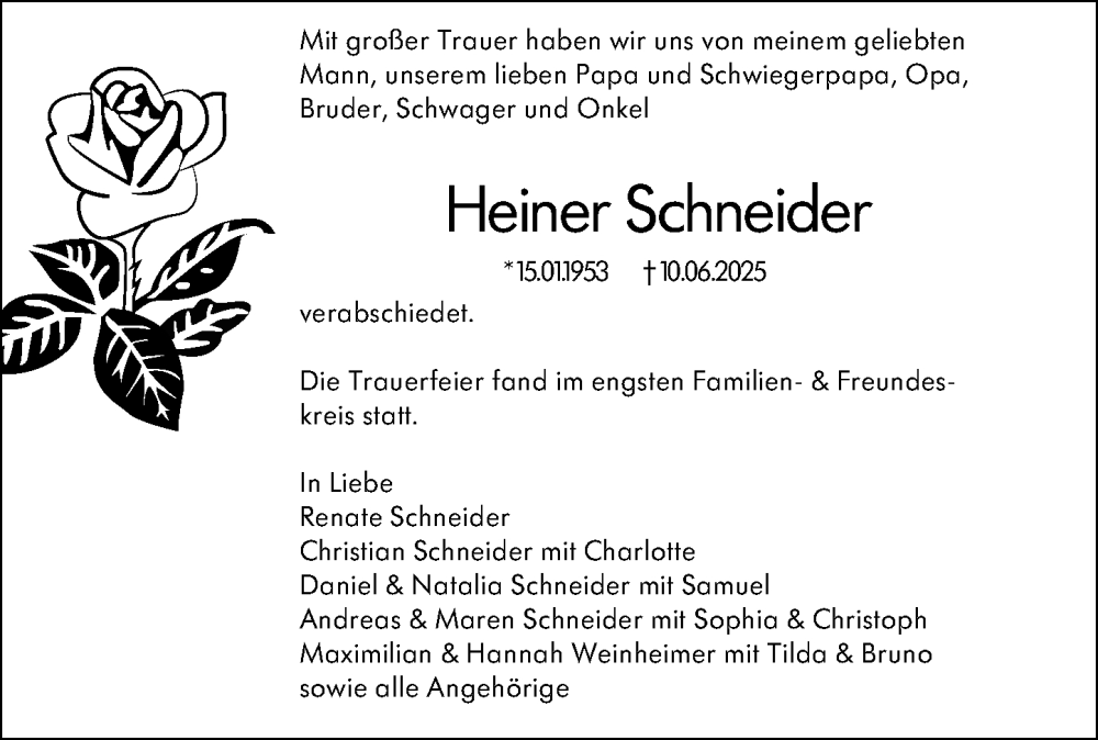  Traueranzeige für Heiner Schneider vom 12.07.2025 aus Wiesbadener Kurier