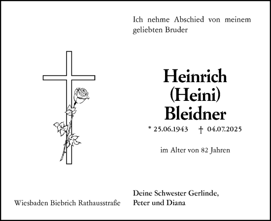 Traueranzeige von Heinrich Bleidner von Wiesbadener Kurier
