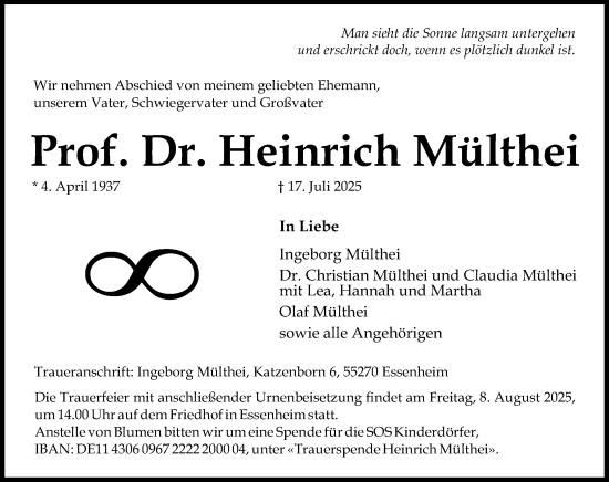 Traueranzeige von Heinrich Mülthei von Allgemeine Zeitung Mainz