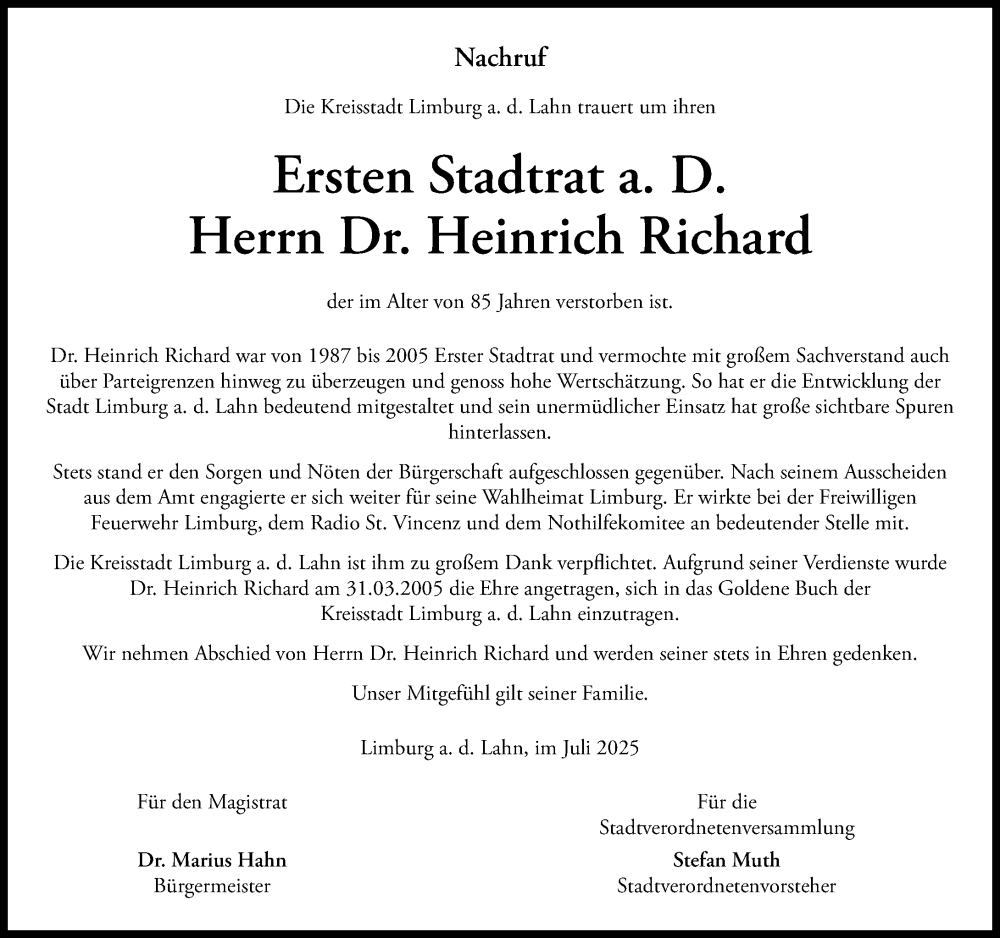 Traueranzeige für Heinrich Richard vom 12.07.2025 aus Nassauische Neue Presse