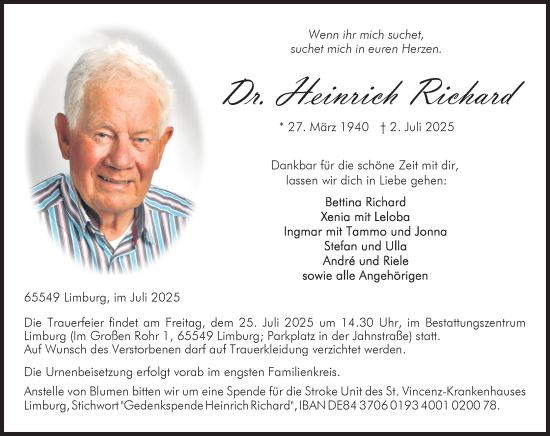 Traueranzeige von Heinrich Richard von Nassauische Neue Presse