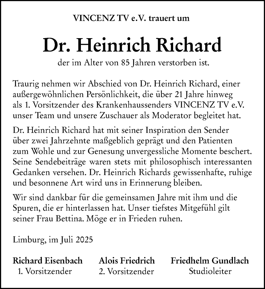  Traueranzeige für Heinrich Richard vom 09.07.2025 aus Nassauische Neue Presse