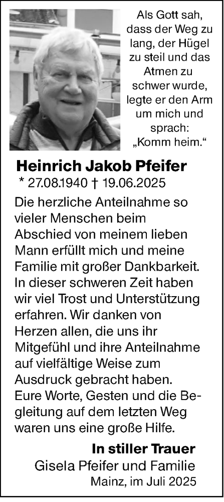  Traueranzeige für Heinrich Jakob Pfeifer vom 19.07.2025 aus Allgemeine Zeitung Mainz