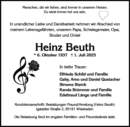 Traueranzeige von Heinz Beuth von Wiesbadener Kurier