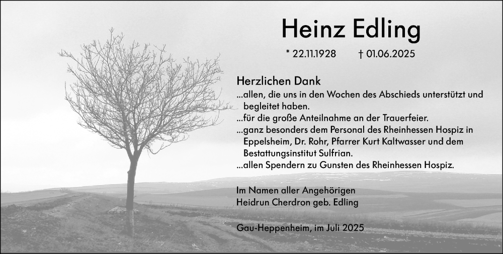  Traueranzeige für Heinz Edling vom 10.07.2025 aus Allgemeine Zeitung Alzey