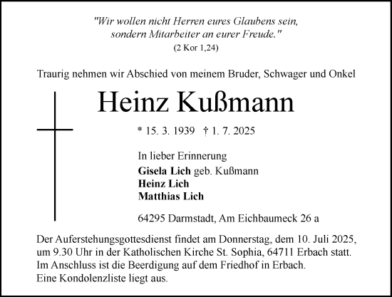 Traueranzeige von Heinz Kußmann von Odenwälder Echo