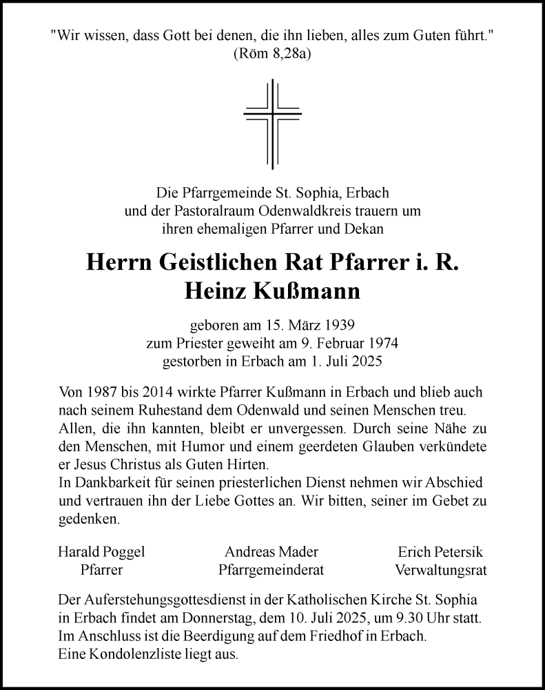  Traueranzeige für Heinz Kußmann vom 05.07.2025 aus Odenwälder Echo