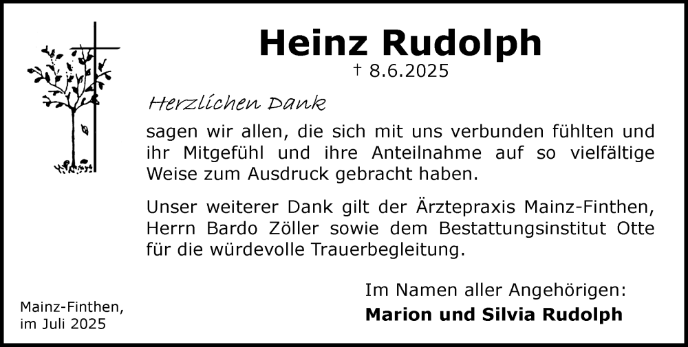  Traueranzeige für Heinz Rudolph vom 12.07.2025 aus Allgemeine Zeitung Mainz
