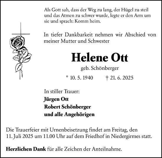 Traueranzeige von Helene Ott von Wetzlarer Neue Zeitung