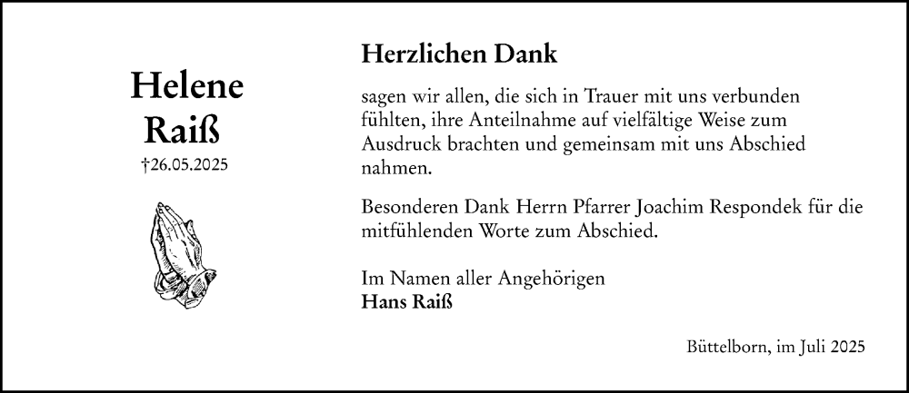  Traueranzeige für Helene Raiß vom 05.07.2025 aus Groß-Gerauer Echo