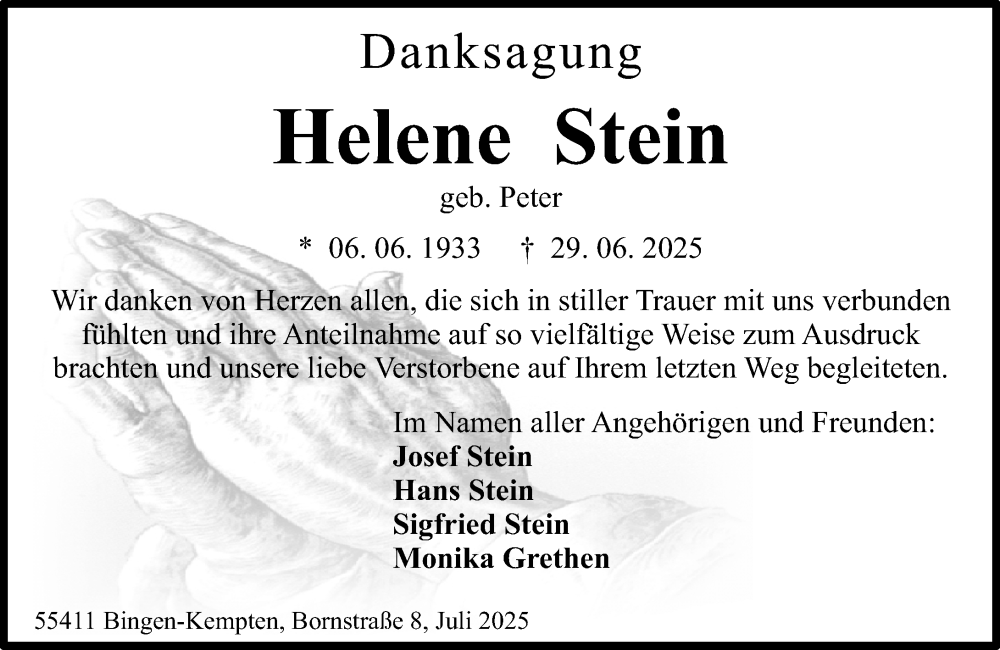  Traueranzeige für Helene Stein vom 26.07.2025 aus Allgemeine Zeitung Rheinhessen-Nahe