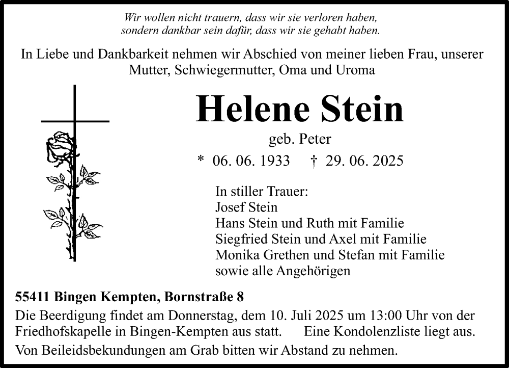  Traueranzeige für Helene Stein vom 05.07.2025 aus Allgemeine Zeitung Rheinhessen-Nahe