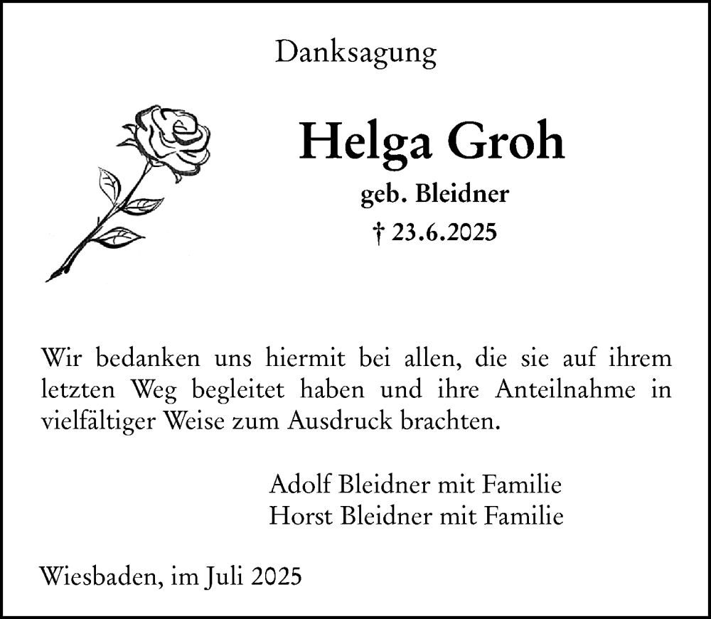  Traueranzeige für Helga Groh vom 19.07.2025 aus Wiesbadener Kurier