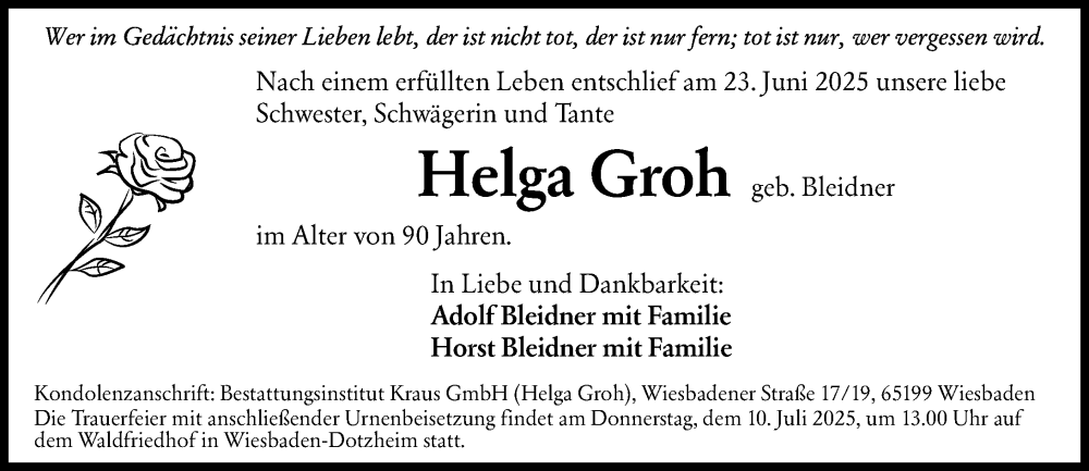  Traueranzeige für Helga Groh vom 05.07.2025 aus Wiesbadener Kurier