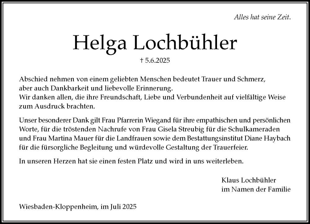  Traueranzeige für Helga Lochbühler vom 12.07.2025 aus Wiesbadener Kurier