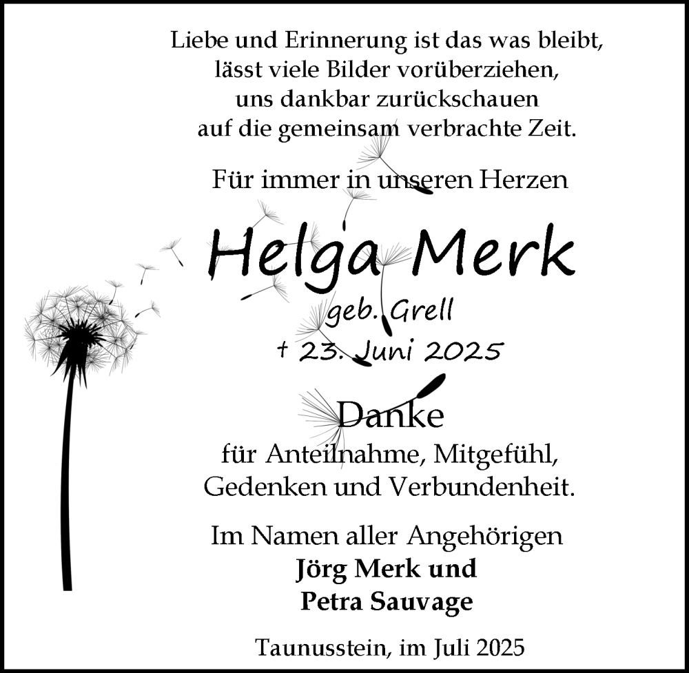  Traueranzeige für Helga Merk vom 12.07.2025 aus Idsteiner Land/Untertaunus