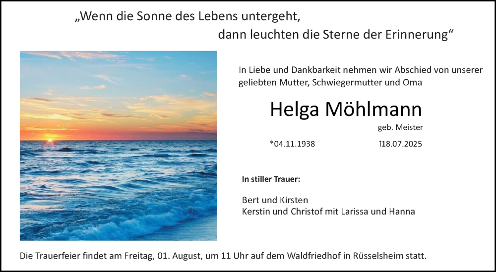  Traueranzeige für Helga Möhlmann vom 26.07.2025 aus Rüsselsheimer Echo