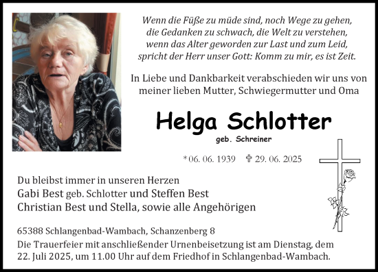 Traueranzeige von Helga Schlotter von Wiesbadener Kurier