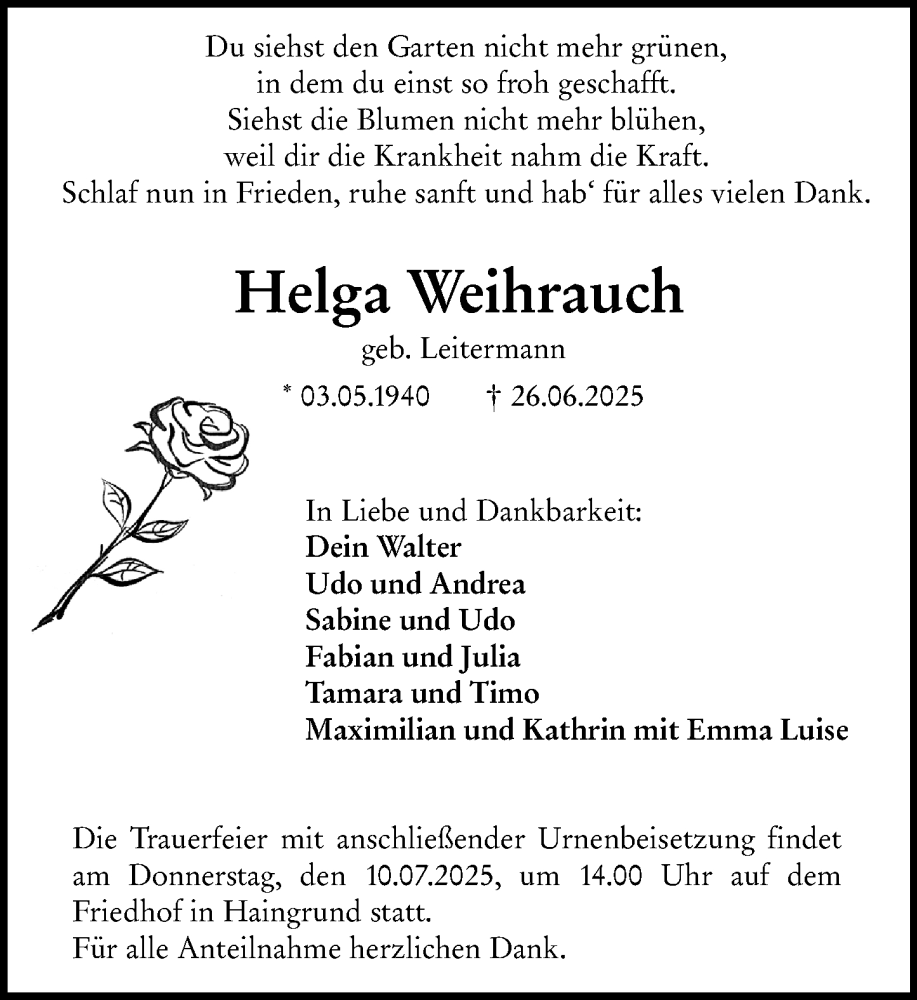  Traueranzeige für Helga Weihrauch vom 05.07.2025 aus Odenwälder Echo