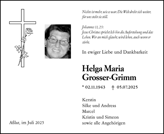 Traueranzeige von Helga Maria Grosser-Grimm von Wetzlarer Neue Zeitung