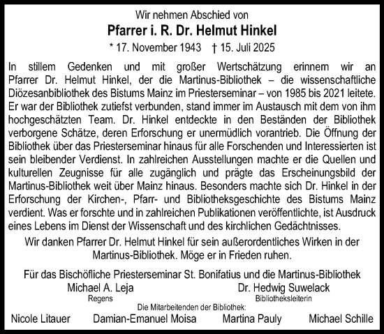 Traueranzeige von Helmut Hinkel von Allgemeine Zeitung Mainz