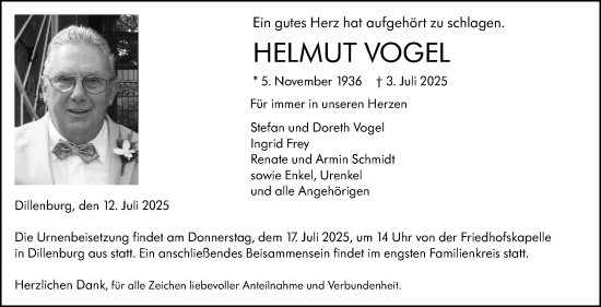 Traueranzeige von Helmut Vogel von Dill Block