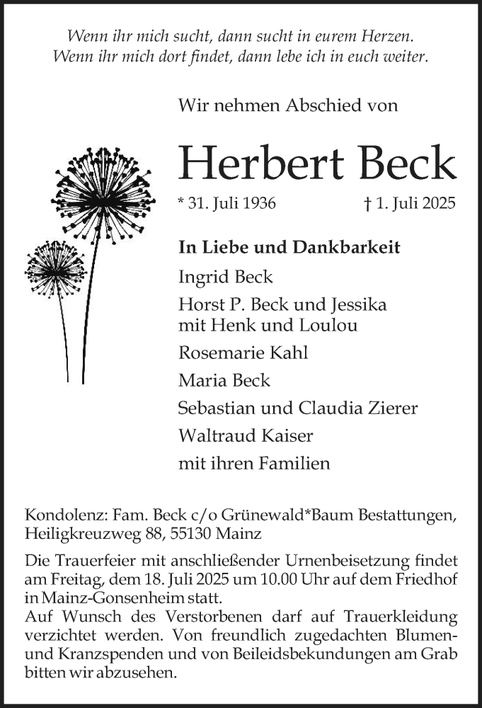  Traueranzeige für Herbert Beck vom 05.07.2025 aus Allgemeine Zeitung Mainz