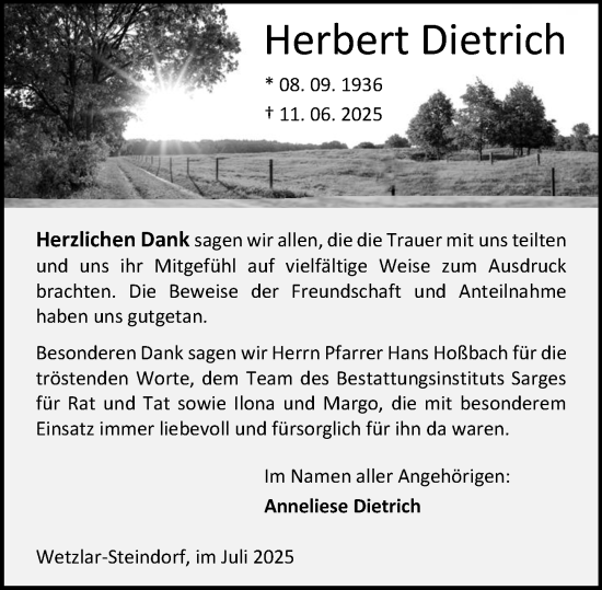 Traueranzeige von Herbert Dietrich von Wetzlarer Neue Zeitung