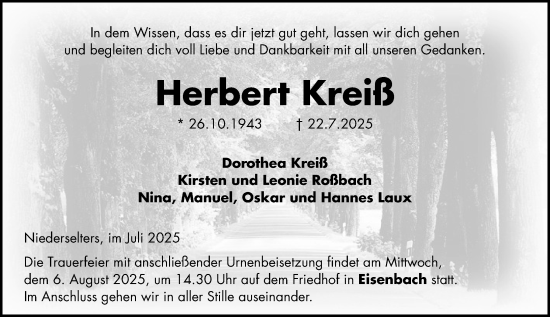 Traueranzeige von Herbert Kreiß von Camberger Anzeiger