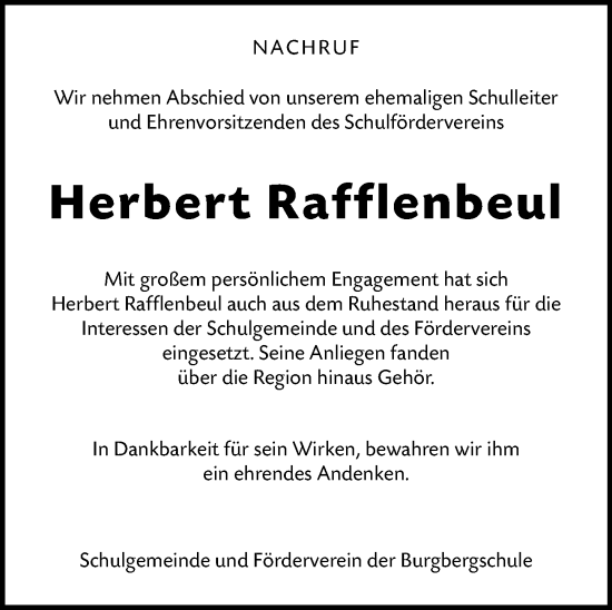 Traueranzeige von Herbert Rafflenbeul von Hinterländer Anzeiger