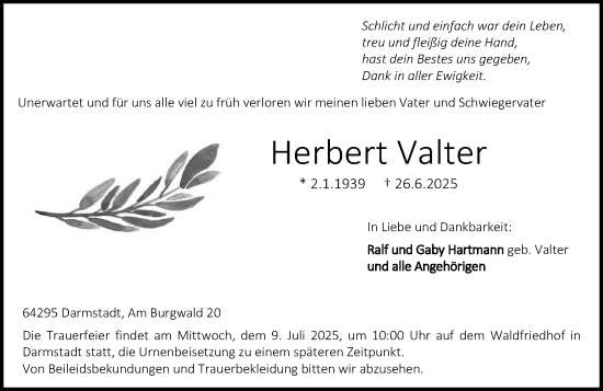 Traueranzeige von Herbert Valter von Darmstädter Echo