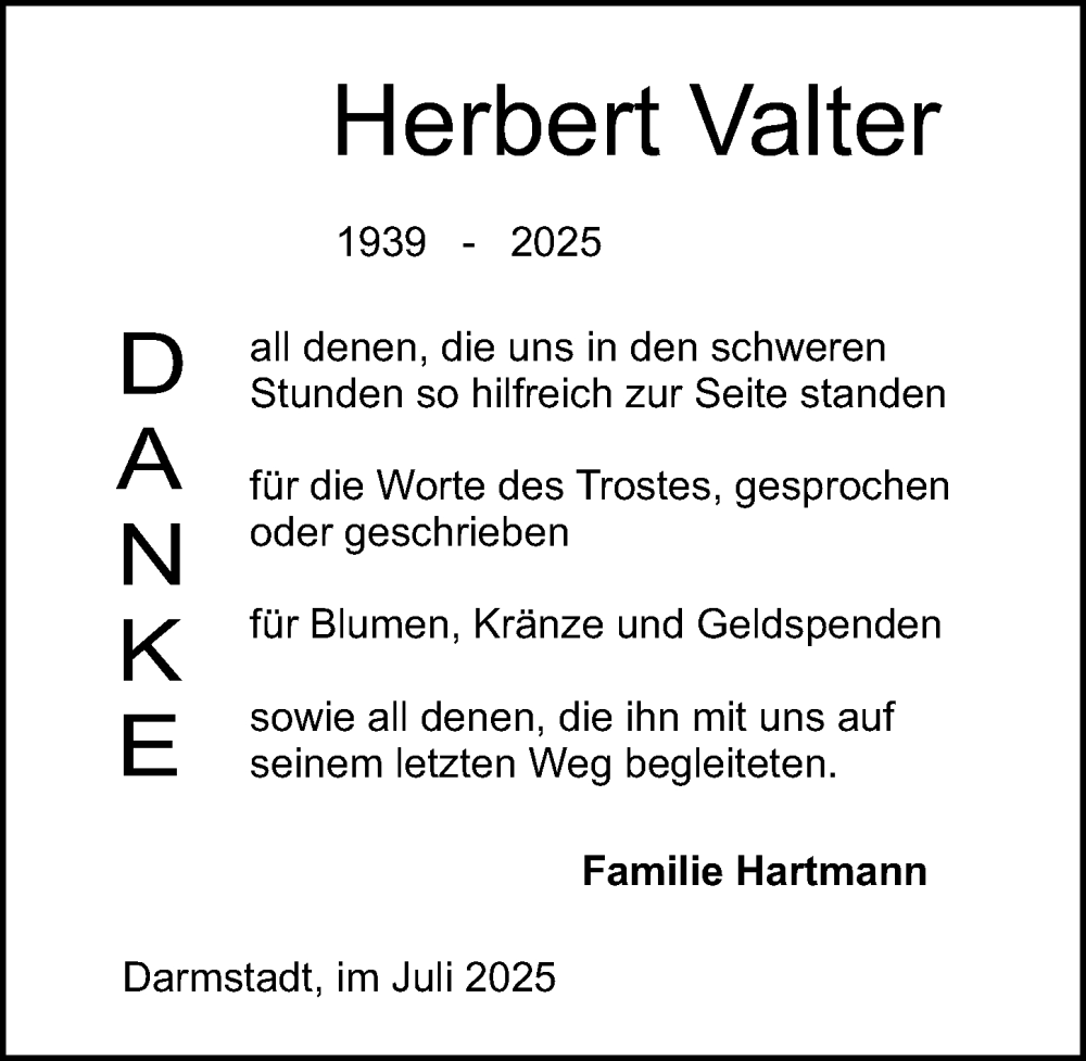  Traueranzeige für Herbert Valter vom 26.07.2025 aus Darmstädter Echo