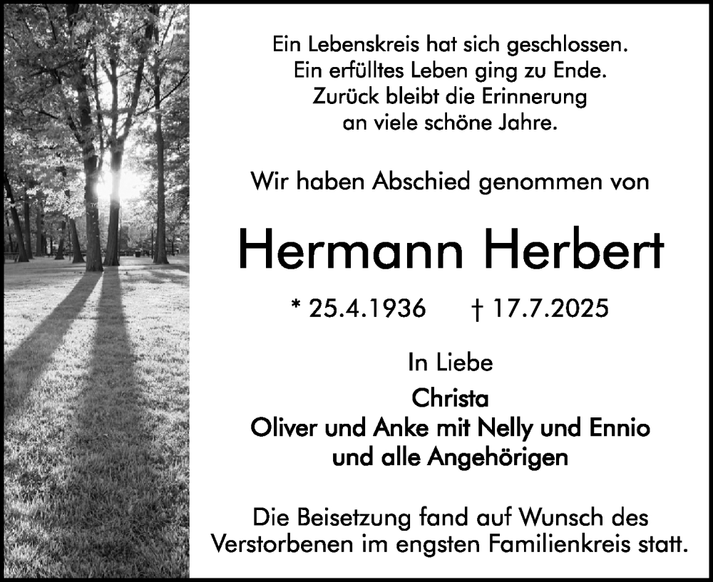  Traueranzeige für Hermann Herbert vom 26.07.2025 aus Darmstädter Echo