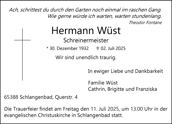Traueranzeige von Hermann Wüst von Wiesbadener Kurier