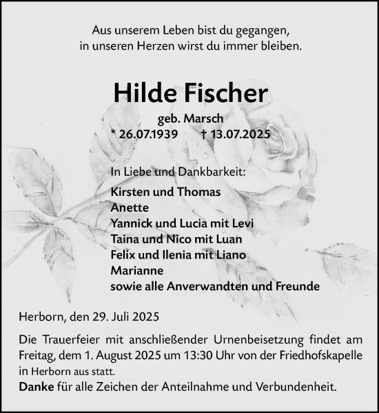 Traueranzeige von Hilde Fischer von Dill Block