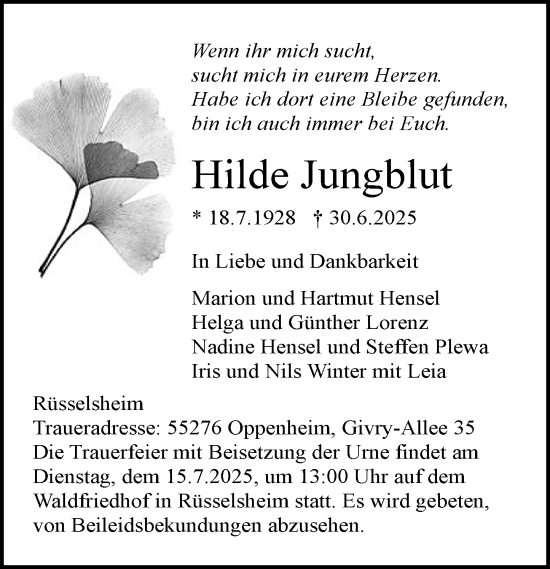 Traueranzeige von Hilde Jungblut von Rüsselsheimer Echo