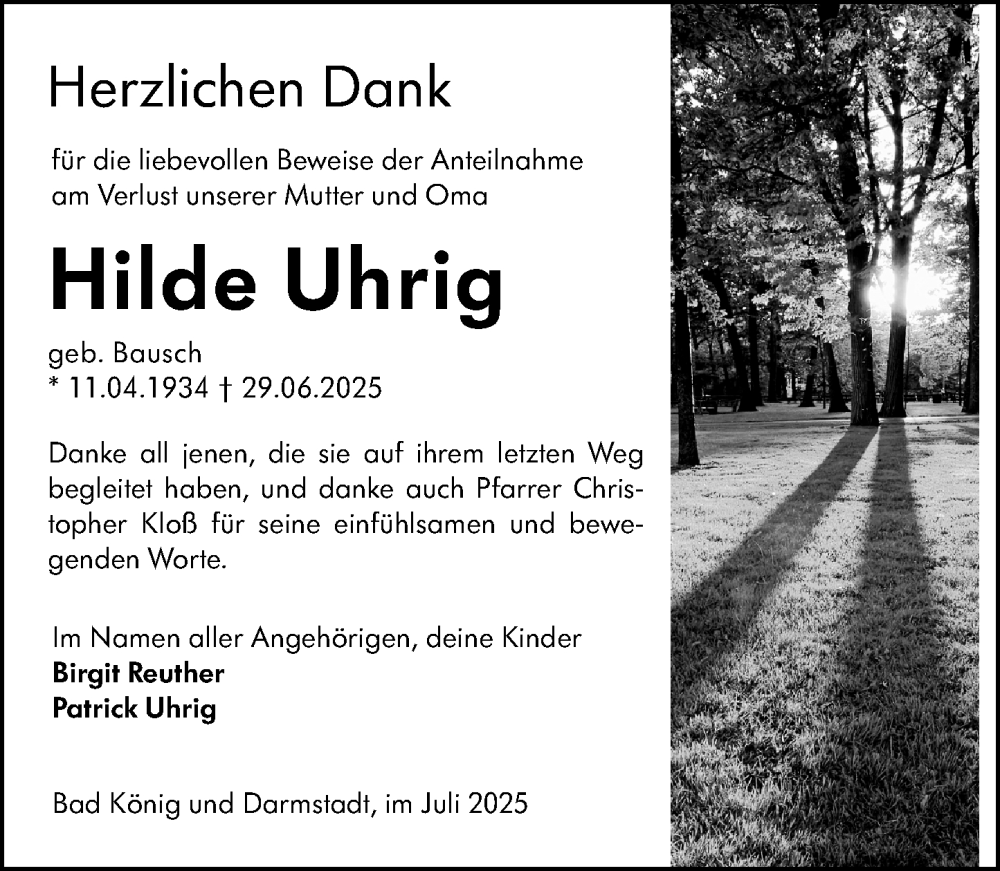  Traueranzeige für Hilde Uhrig vom 19.07.2025 aus Odenwälder Echo