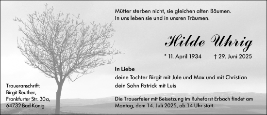 Traueranzeige von Hilde Uhrig von Odenwälder Echo