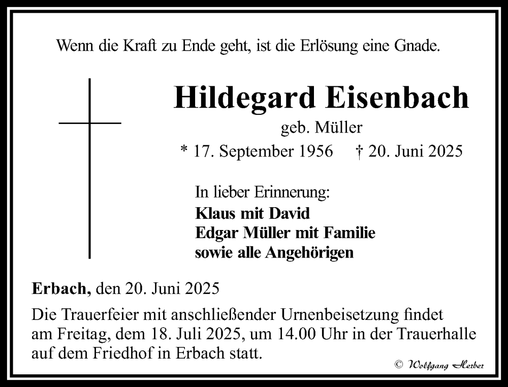  Traueranzeige für Hildegard Eisenbach vom 10.07.2025 aus Camberger Anzeiger