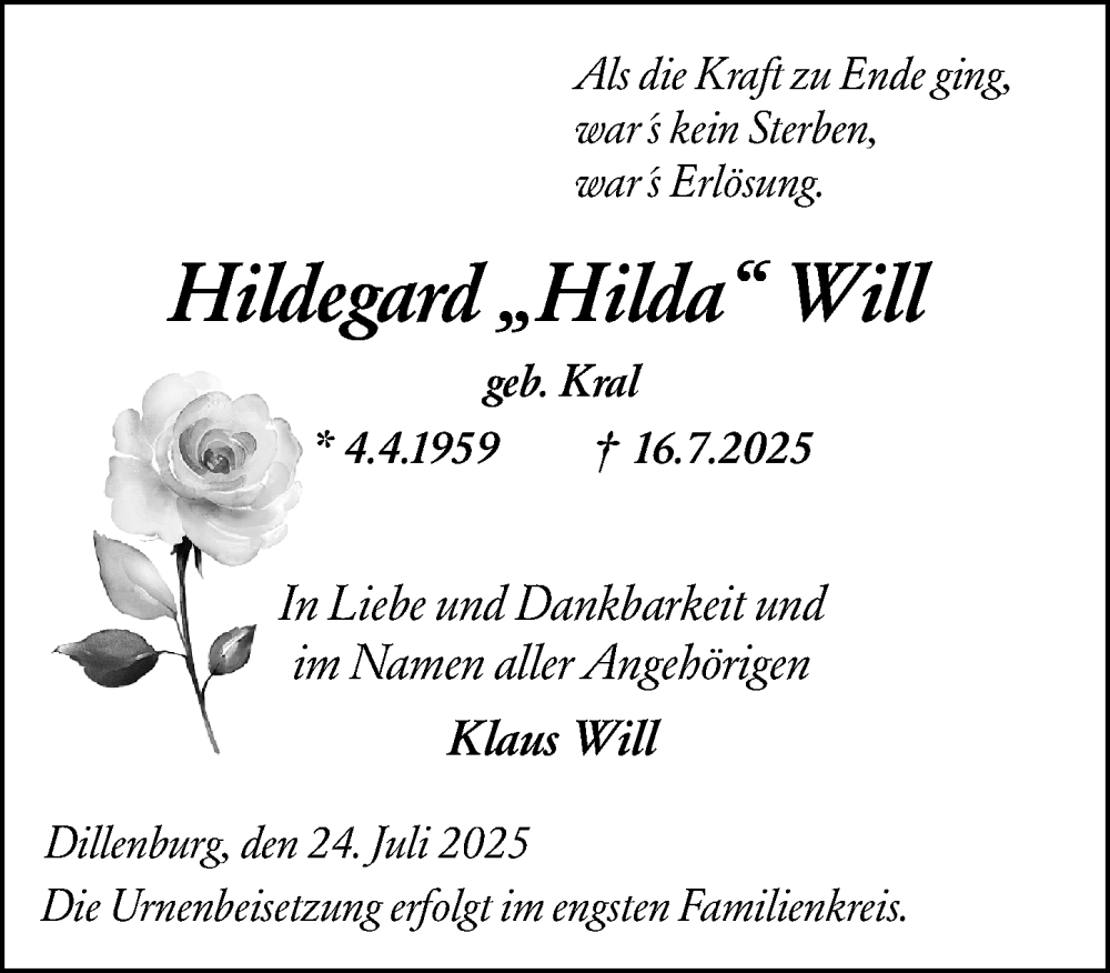  Traueranzeige für Hildegard Will vom 24.07.2025 aus Dill Block