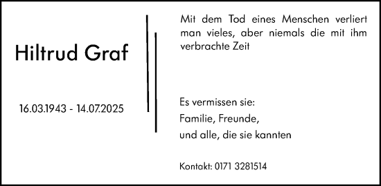 Traueranzeige von Hiltrud Graf von Darmstädter Echo