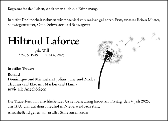 Traueranzeige von Hiltrud Laforce von Wetzlarer Neue Zeitung