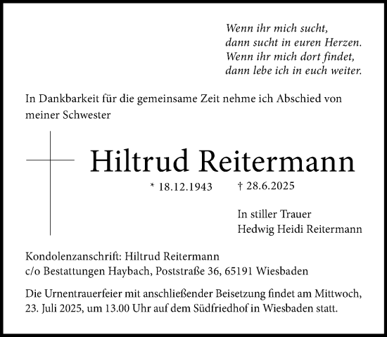 Traueranzeige von Hiltrud Reitermann von Wiesbadener Kurier