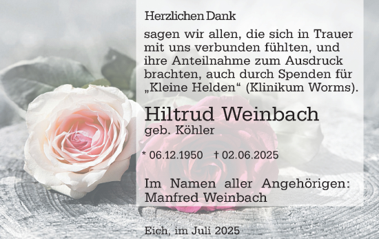 Traueranzeige von Hiltrud Weinbach von Wormser Zeitung