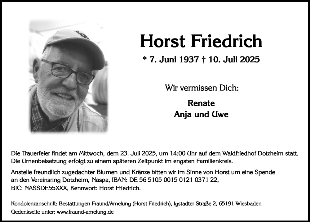  Traueranzeige für Horst Friedrich vom 16.07.2025 aus Wiesbadener Kurier