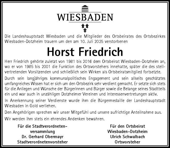 Traueranzeige von Horst Friedrich von Wiesbadener Kurier
