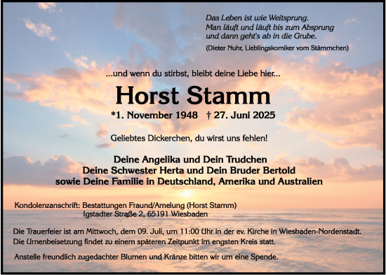 Traueranzeige von Horst Stamm von Wiesbadener Kurier