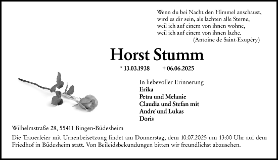 Traueranzeige von Horst Stumm von Binger-/Ingelheimer Wochenblatt