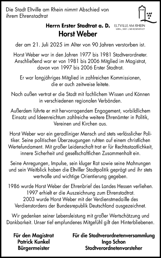 Traueranzeige von Horst Weber von Rheingau Kurier